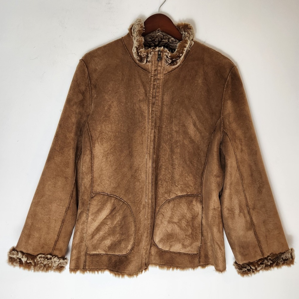 Coldwater Creek Reversible Faux Suede Fur Jacket M Penny Lane 70s Boho Brown